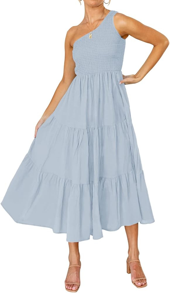 ZCSIA Women's Summer Boho One Shoulder Sleeveless Solid Color Ruffle Beach Party Tiered Midi Dres... | Amazon (US)