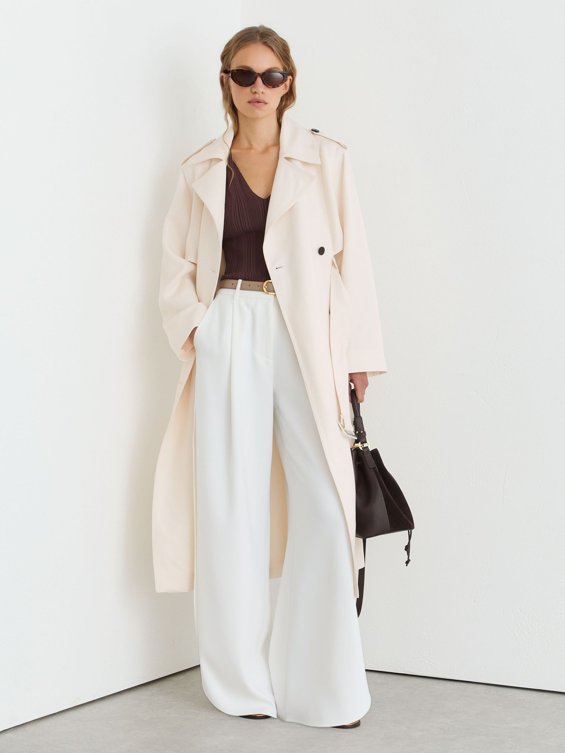 Double-Breasted Trench Coat with Linen in White | Reiss UK