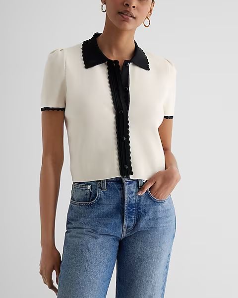 Scalloped Trim Cropped Polo Cardigan | Express