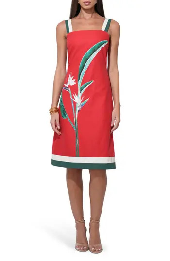 Adelyn Rae Bird of Paradise Print Cotton & Linen Midi Dress in Red at Nordstrom Rack, Size X-Small | Nordstrom Rack