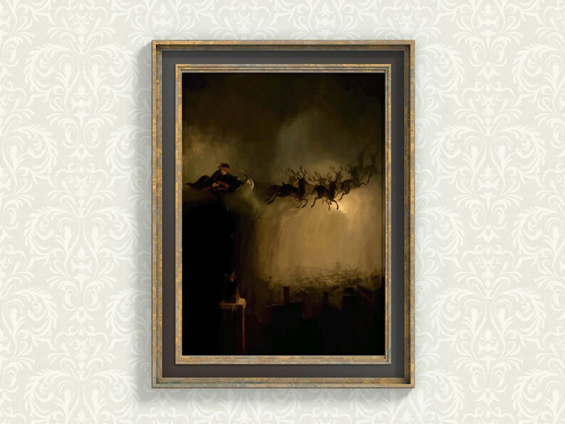 An 1800s Oil Painting Portrait Digital Art Print of Santa Claus and His Reindeer, Vintage Holiday... | Etsy (US)