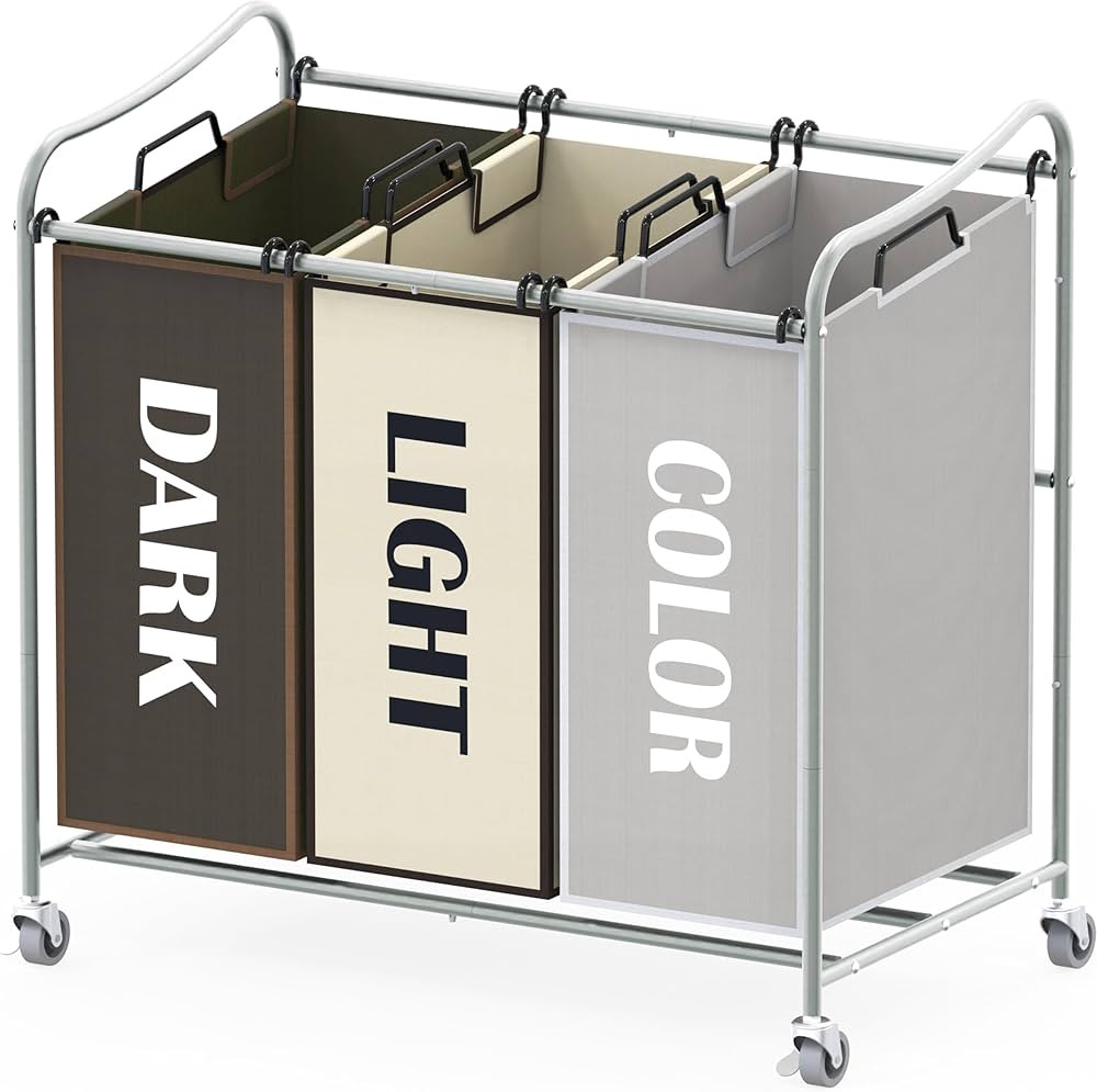 Simple Houseware Heavy Duty 3-Bag Laundry Sorter Rolling Cart, Silver/Assorted – Durable Triple... | Amazon (US)