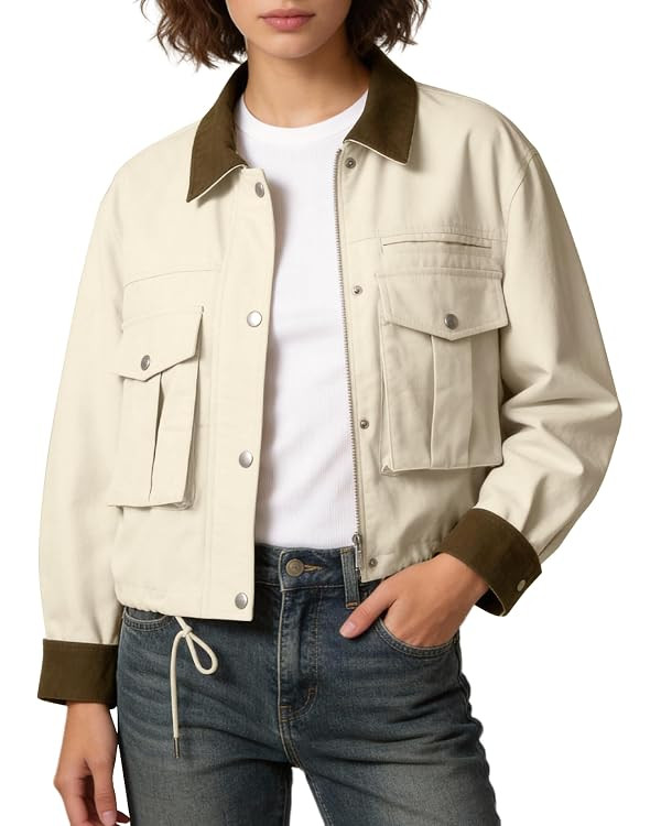 PEHMEA Women's Cropped Jacket Contrast Collar Utility Casual Cargo Barn Coat with Pocket Pure Cot... | Amazon (US)