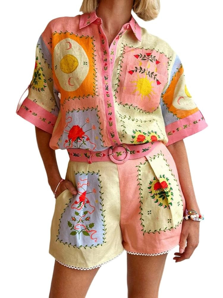 Wuitrie Two Piece Short Set for Women Casual Short Sleeve Collar Button Shirts Elastic Waist Shor... | Amazon (US)