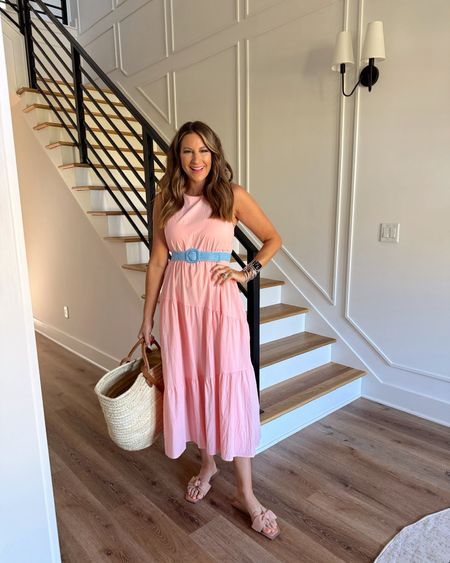 In a small pink midi, bow slides, blue raffia belt, tote and accessories for spring - all fits TTS.

#LTKSeasonal #LTKfindsunder50 #LTKstyletip