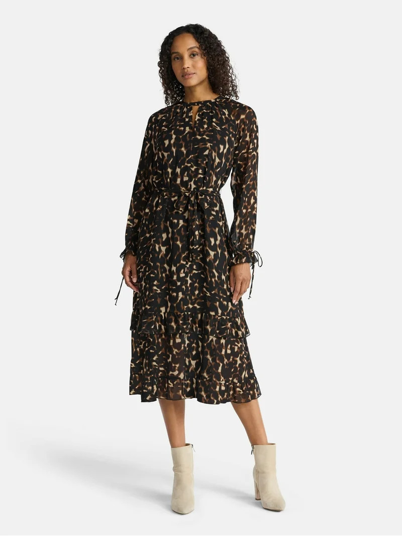 Time and Tru Women's High Neck Tiered Midi Dress, Sizes XS-XXXL | Walmart (US)