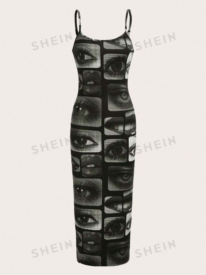 SHEIN x Deborah SHEIN ICON Eye & Lip Print Cami Bodycon Dress | SHEIN