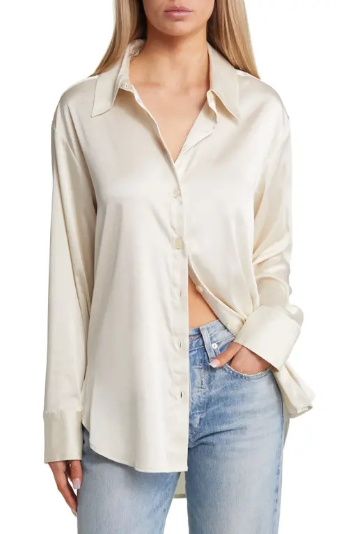 Open Edit Satin Button-Up Shirt in Ivory Dove at Nordstrom, Size Small | Nordstrom