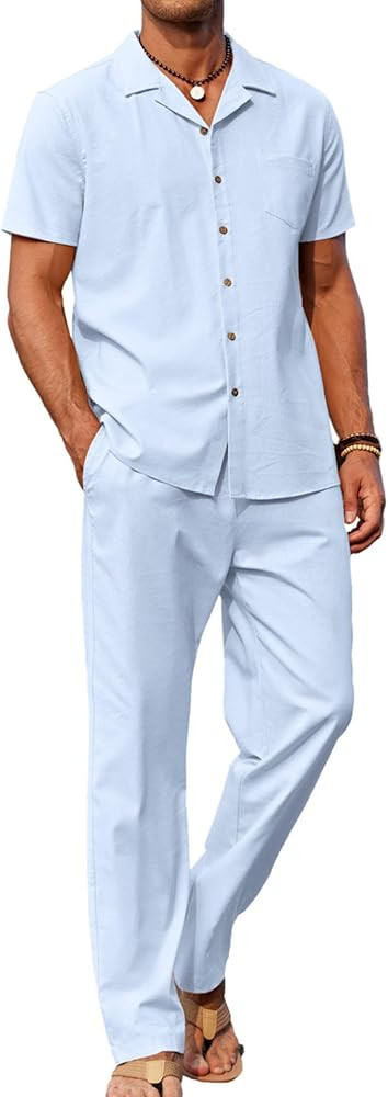 COOFANDY Men 2 Piece Linen Outfit Beach Button Down Shirt Casual Loose Pant Sets | Amazon (US)