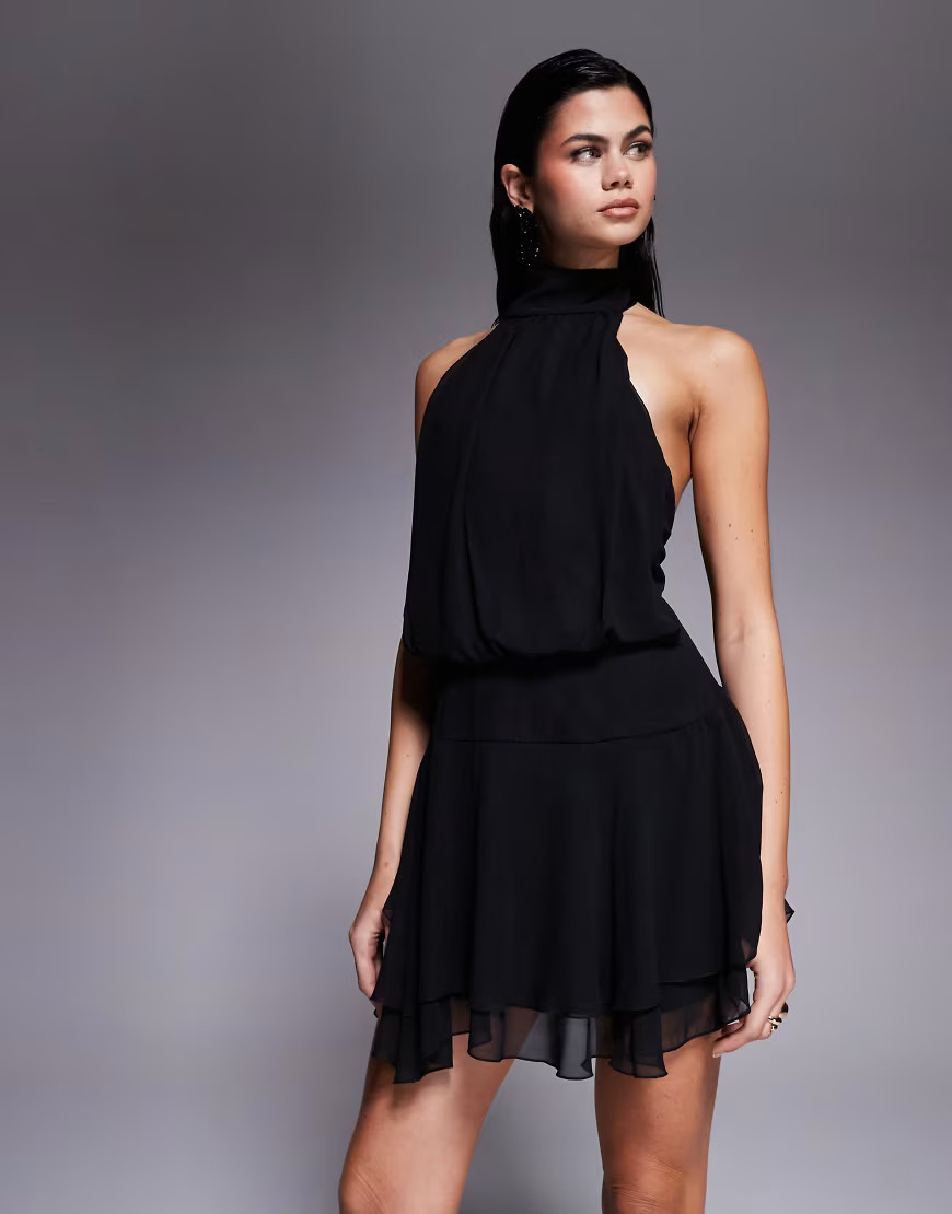 Fashionkilla exclusive chiffon halterneck foldover detail ruffle skirt mini dress in black | ASOS (Global)