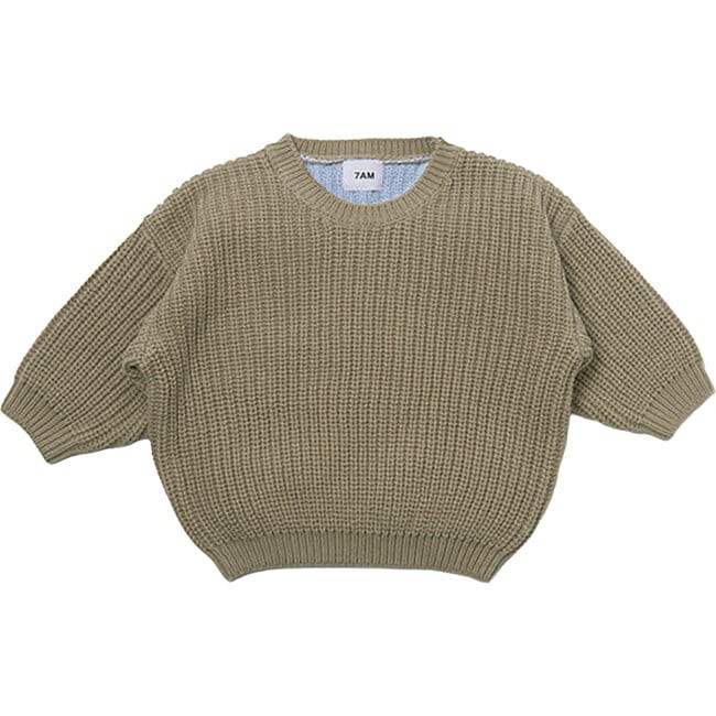 7AM Enfant | Chunky Ribbed Knit Round Neck Long Sleeve Wide Boxy Fit Sweater, Olive & Blue (Green, Size 2-3Y) | Maisonette | Maisonette