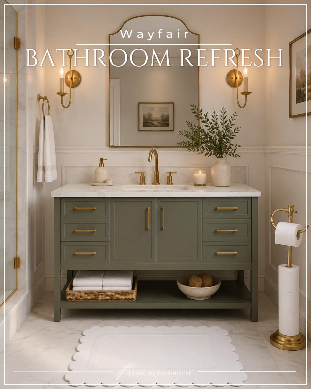 ✨ Bathroom refresh, but make it elegant.

This Wayfair vanity instantly transformed the space with its soft sage finish, marble top, and warm brass details. Paired with classic sconces, an arched mirror, and a scalloped bath mat, it creates that custom designer look without the designer price tag.

If you're thinking about updating your bathroom this season, these are the pieces worth grabbing before they sell out. 

 #LTKSeasonal #LTKHome #LTKSaleAlert