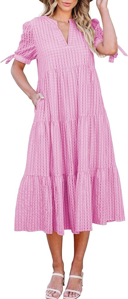 ECOWISH Women Summer Casual Dress - V Neck Short Sleeve Midi Pleated Tiered Plaid Loose Maternity... | Amazon (US)