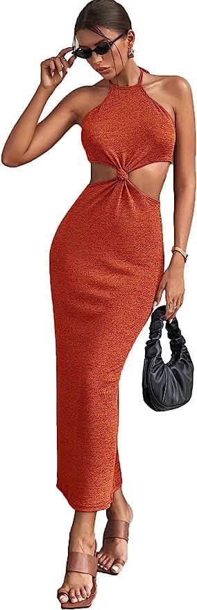 SOLY HUX Women Summer Cut Out Crochet Dresses Knot Front Tie Stap Sleeveless Halter Backless Maxi... | Amazon (US)