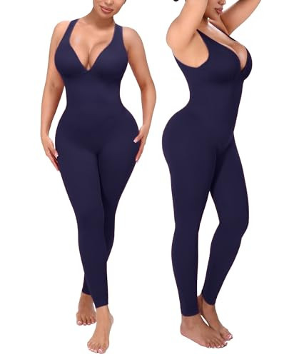 SHAPELLX Womens Yoga Shapewear Jumpsuits Seamless One Piece Workout Romper Plus Size Stretch Full Bodysuit (Navy 3X-Large) | Amazon (US)