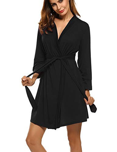 HOTOUCH Black Robes for Women Lightweight 3/4 Sleeve Robe Comfy Soft Bathrobe V Neck Sleepwear with Pockets Black XL | Amazon (US)