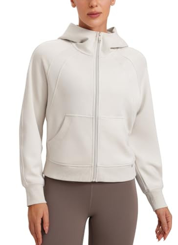 CRZ YOGA Womens SoftAura Full Zip Up Hoodie Workout Casual Hooded Sweatshirt Long Sleeve Athletic Jacket Milky White (Bone) Large | Amazon (US)