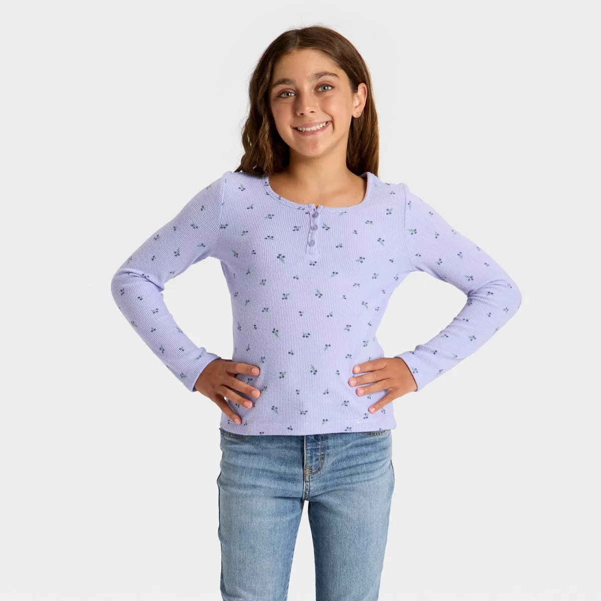 Girls' Long Sleeve Waffle Knit Henley T-Shirt - Cat & Jack™ Aqua Blue XS | Target