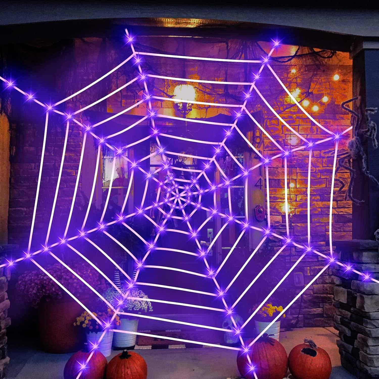 Light up Lighted Spider Web 12 Ft 120 LED Halloween Spider Web Lights Giant Halloween Decorations Outdoor Waterproof for Outdoor Indoor Yard Party Haunted House Decor, Purple | Amazon (US)