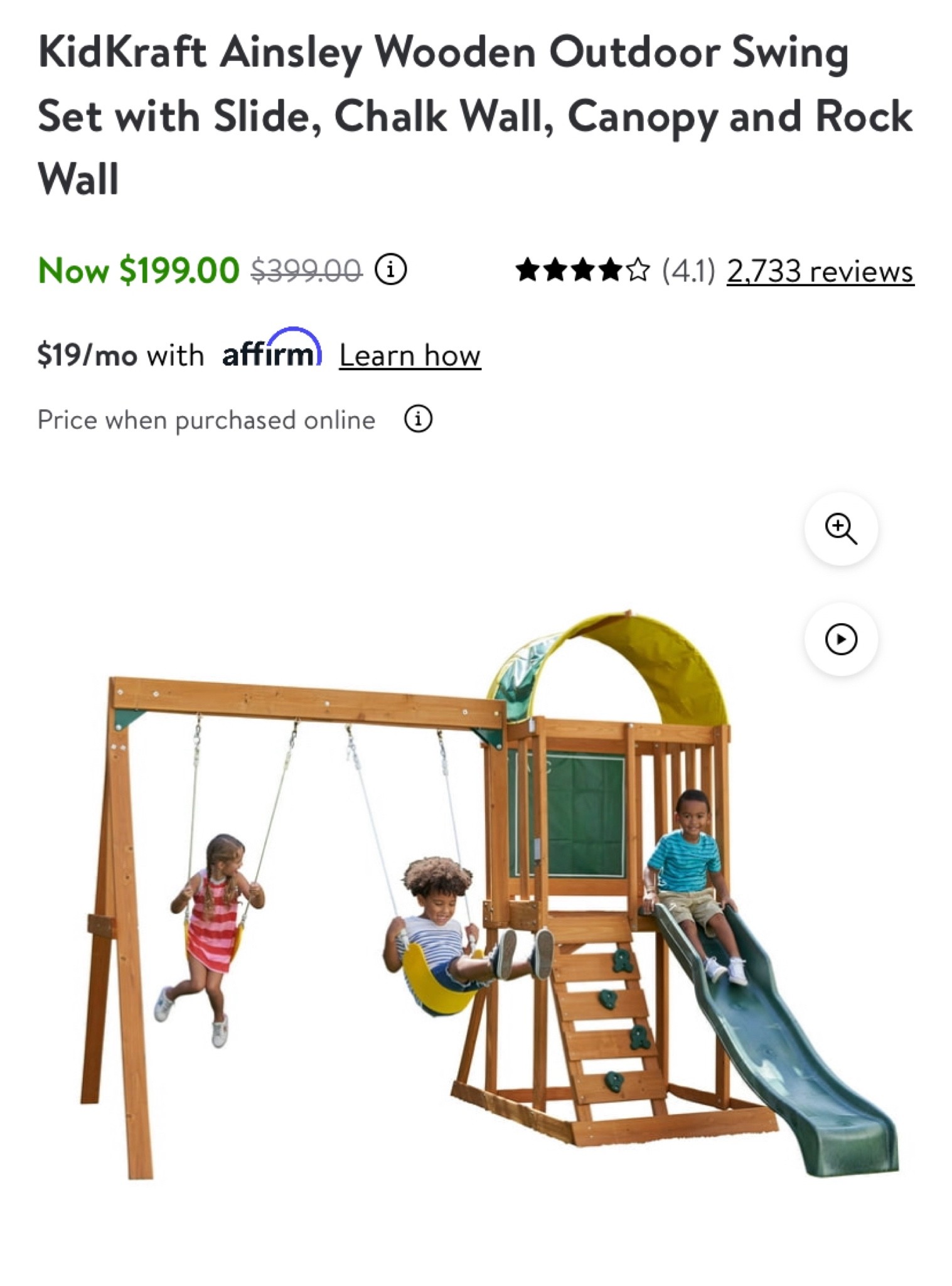Kidkraft Ainsley Wooden Outdoor Swing Set with Slide and Rock Wall