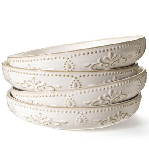 Artena Pasta Bowls, 50oz Large Salad Serving Bowls, 9.75'' Plates Bowl Set of 4, Big White Ceramic Soup Bowl for Kitchen, Embossment Shallow Dinner Bowl, Microwave Dishwasher Safe, Damask Floral | Amazon (US)