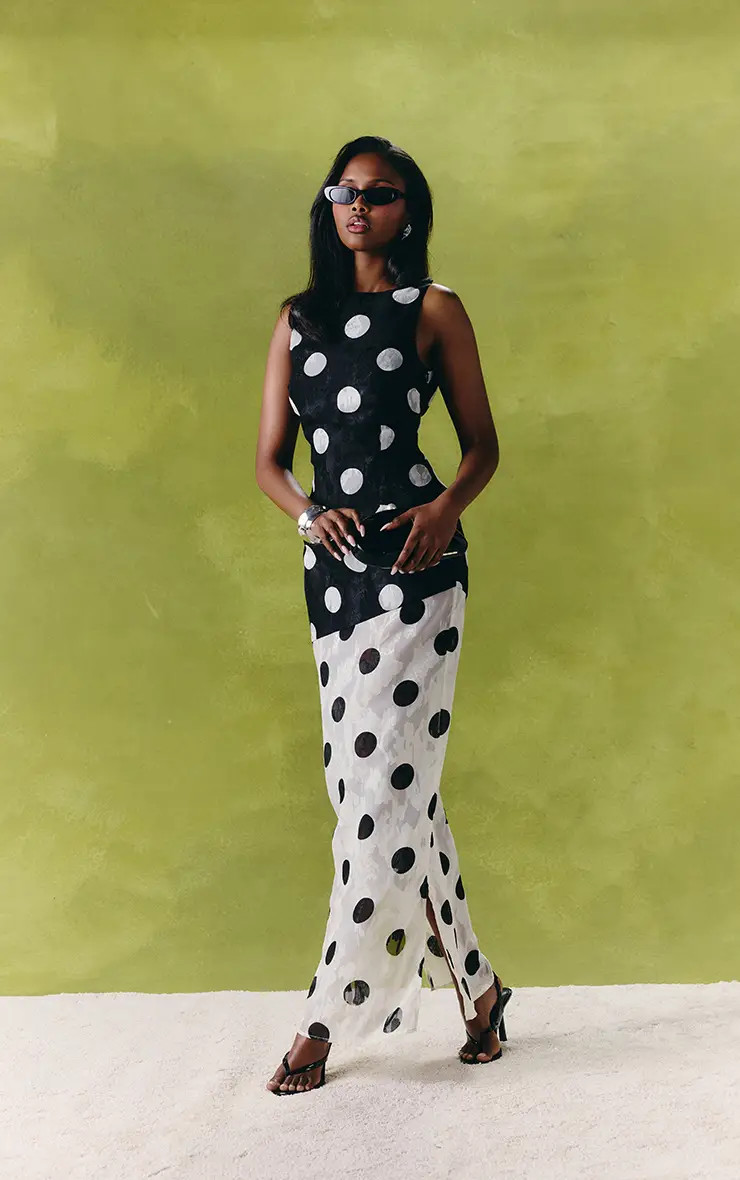 Monochrome Chiffon Oversized Polka Dot Jacquard Cowl Back Maxi Dress | PrettyLittleThing | PrettyLittleThing UK