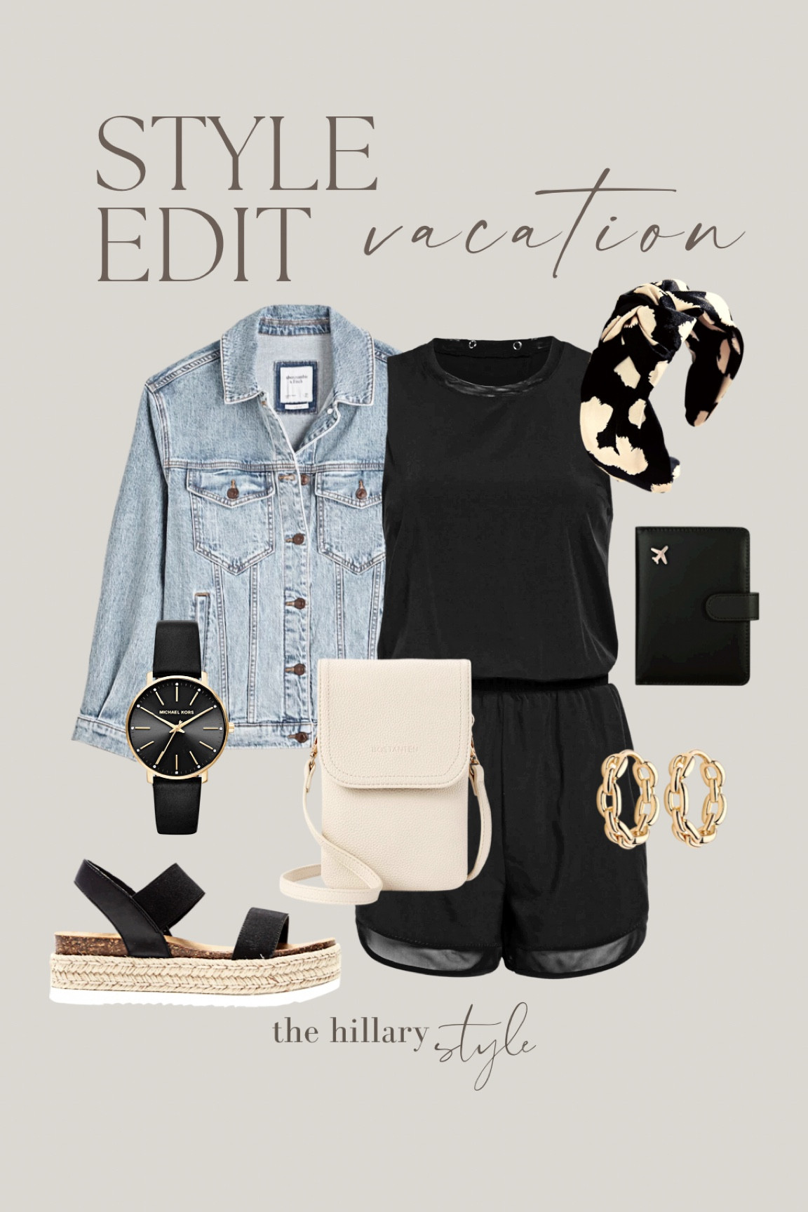 The Style Edit: Vacation. Black Romper, Denim Jacket, Platform Sandals, Headband, Crossbody Bag. Vacation outfit, Spring Break Outfit.

#LTKFind #LTKstyletip #LTKfit