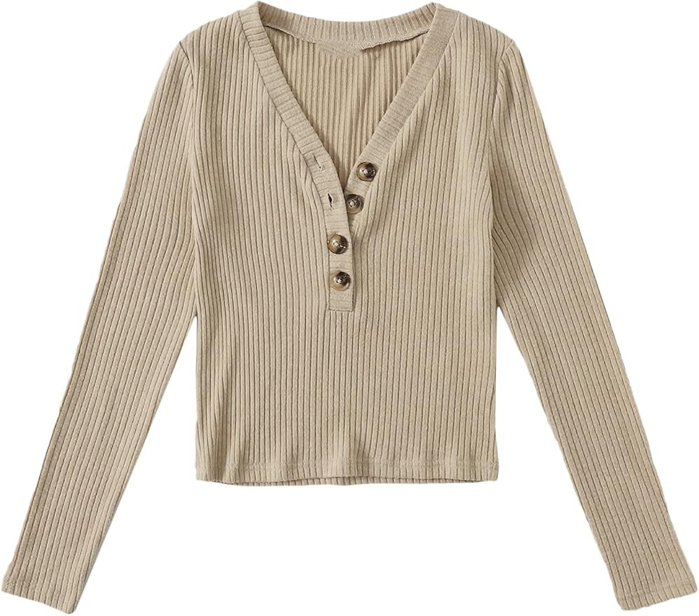 Milumia Women Casual V Neck Long Sleeve Button Tee Shirt Ribbed Knit Solid Tops | Amazon (US)