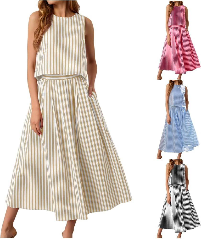 Womens 2 Piece Skirt Sets Summer Striped Skirt Sets Sleeveless Tank Tops Midi Dress Summer Outfit... | Amazon (US)