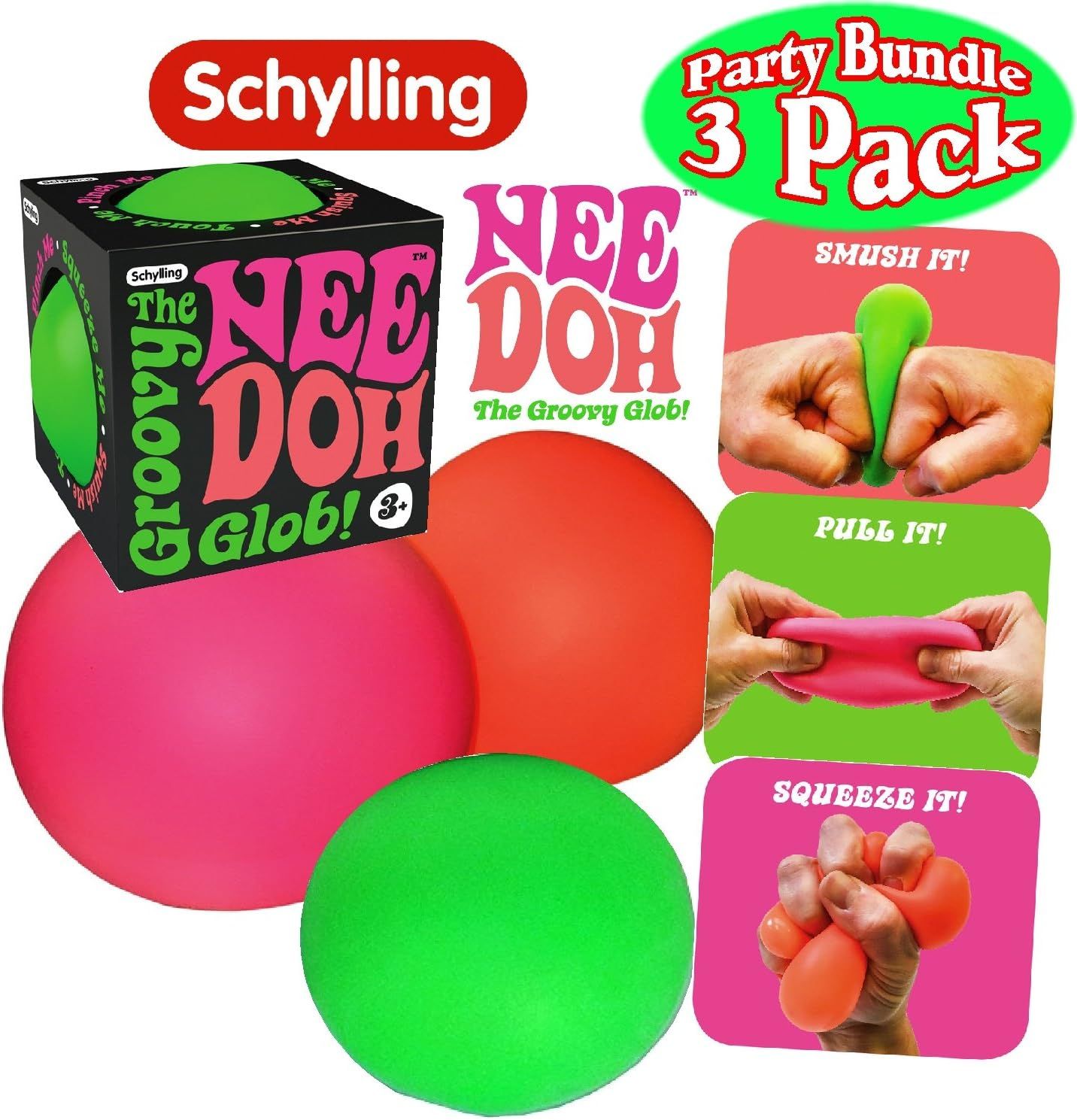 Schylling NeeDoh The Groovy Glob! Squishy, Squeezy, Stretchy Stress Balls Green, Orange & Pink Co... | Amazon (US)