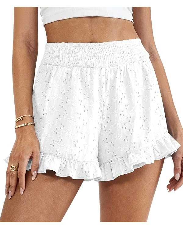 PRETTYGARDEN Shorts for Women, Dressy Casual Elastic Waist Ruffle, Embroidered Soft 2026 Summer B... | Amazon (US)