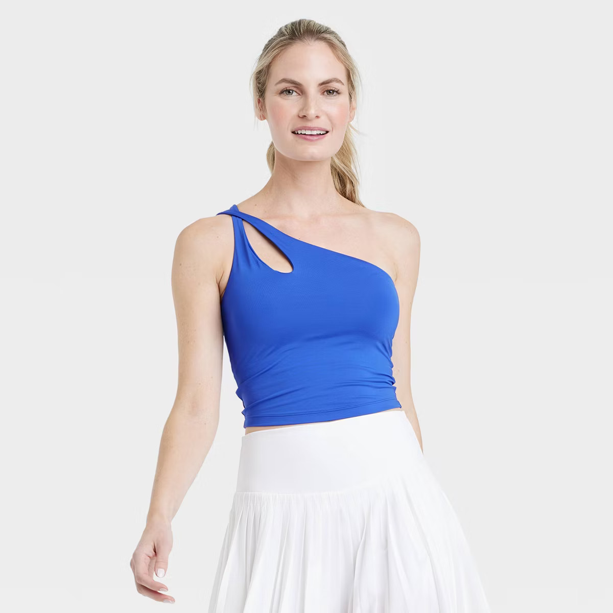 Women's Light Support Asymmetrical Crop Sports Bra - All In Motion™ Dark Blue XS | Target