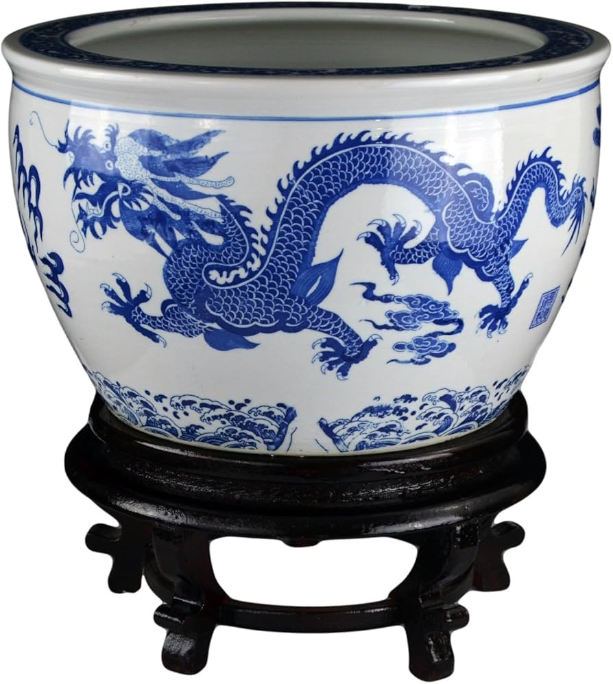 16" Porcelain Blue and White Fishbowl. Fish Bowl Two Dragons Playing with Super Pearl Chinese | Amazon (US)