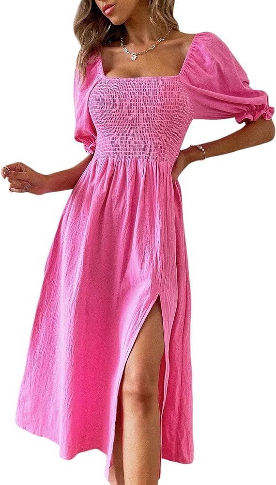Floerns Women's Square Neck Puff Short Sleeve Shirred Split Thigh Long Dress | Amazon (US)