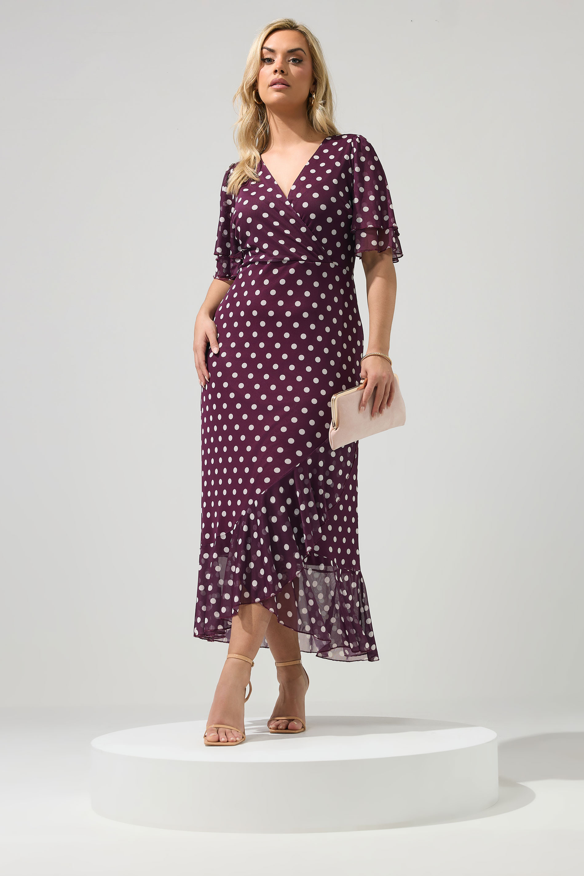YOURS LONDON Plus Size Burgundy Red Polka Dot Wrap Dress | Yours Clothing UK
