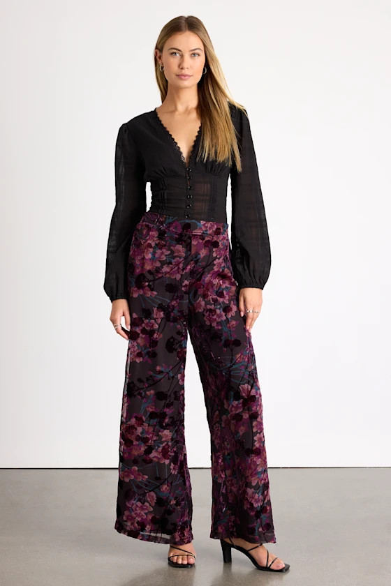 Astley Black Multi Floral Burnout Wide-Leg Pants | Lulus