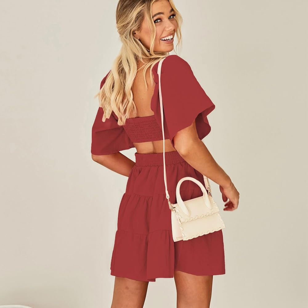 Shy Velvet Women's Summer Dress Square Neck Short Sleeves Crossover Waist Casual Party Mini Dress | Amazon (US)