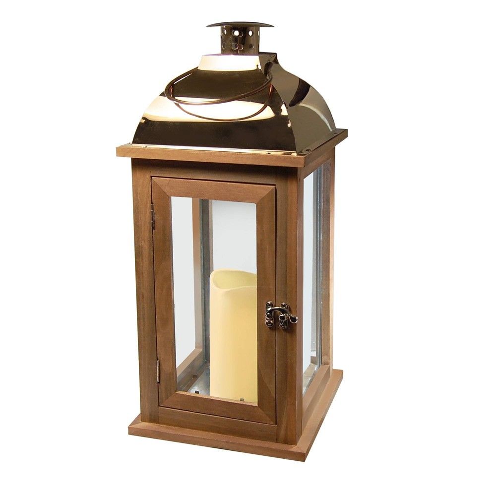 Wooden LED Lantern with Copper Roof and Battery Operated Candle Brown - LumaBase | Target