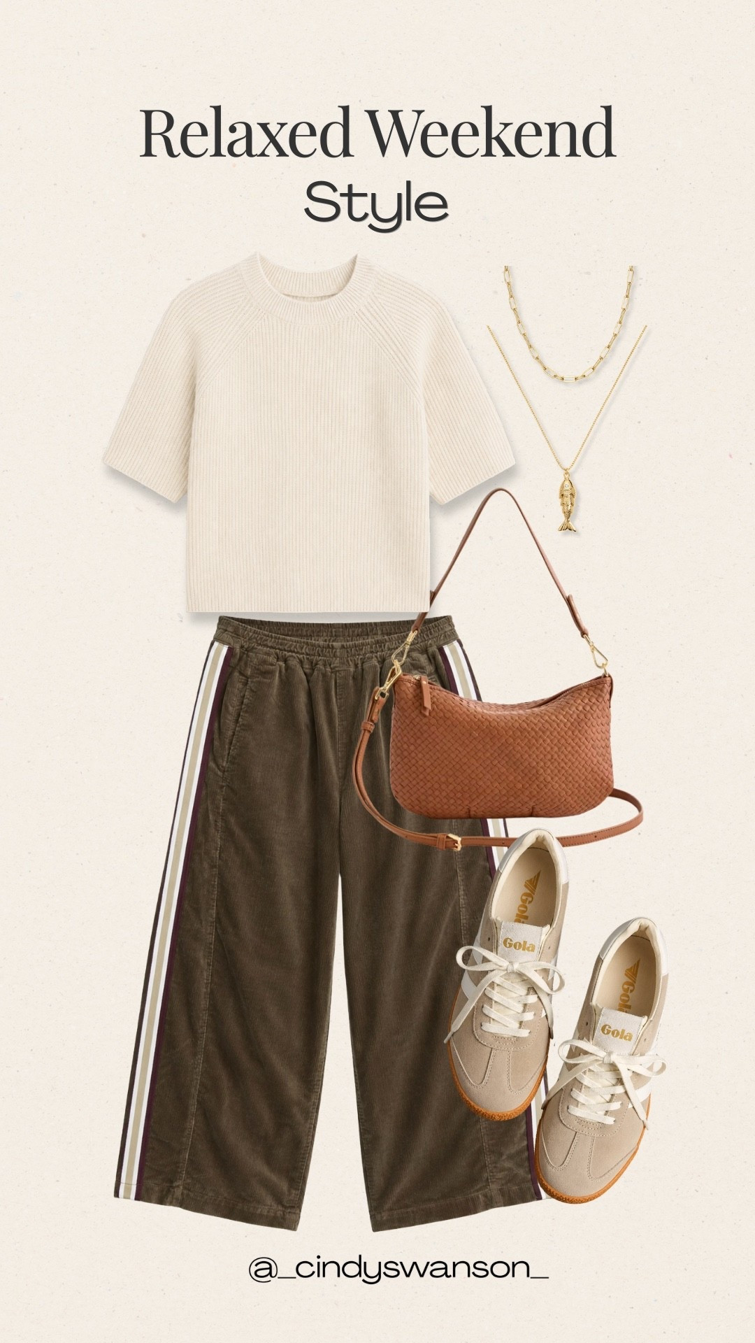 I love this relaxed weekend combination of a soft ivory knit tee and comfortable brown track pants with subtle contrast stripes. The neutral sneakers and woven crossbody keep it casual but pulled together—an easy outfit for errands, travel, or a relaxed day out.

💡 LTK MADE EASY
❤️ Heart = Support my posts!
🔖 Save = Get sale & restock alerts
📋 Lists = Keep favorites organized
📲 Share = Send lists and products to a friend. Hello, Christmas List!
💬 Comment = Ask me anything about what I’m wearing.:-)

#LTKootd #LTKOver40 #LTKTravel
