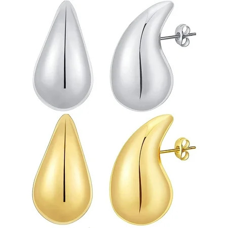 2 Pair Bottega Teardrop Earrings Dupes for Women Gold/Silver Chunky Hoop Earring Dangle Water Drop H | Walmart (US)