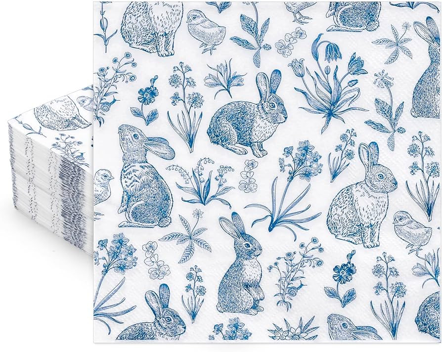 Whaline 50 Pcs Blue White Easter Paper Napkins Retro Bunny Rabbit Flower Disposable Napkins Chino... | Amazon (US)