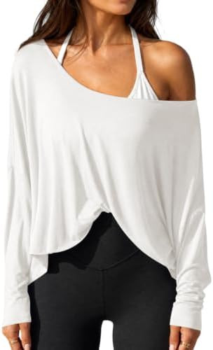 Fisoew Womens Off the Shoulder Tops Oversized Batwing Long Sleeve Workout T Shirts Asymmetrical C... | Amazon (US)