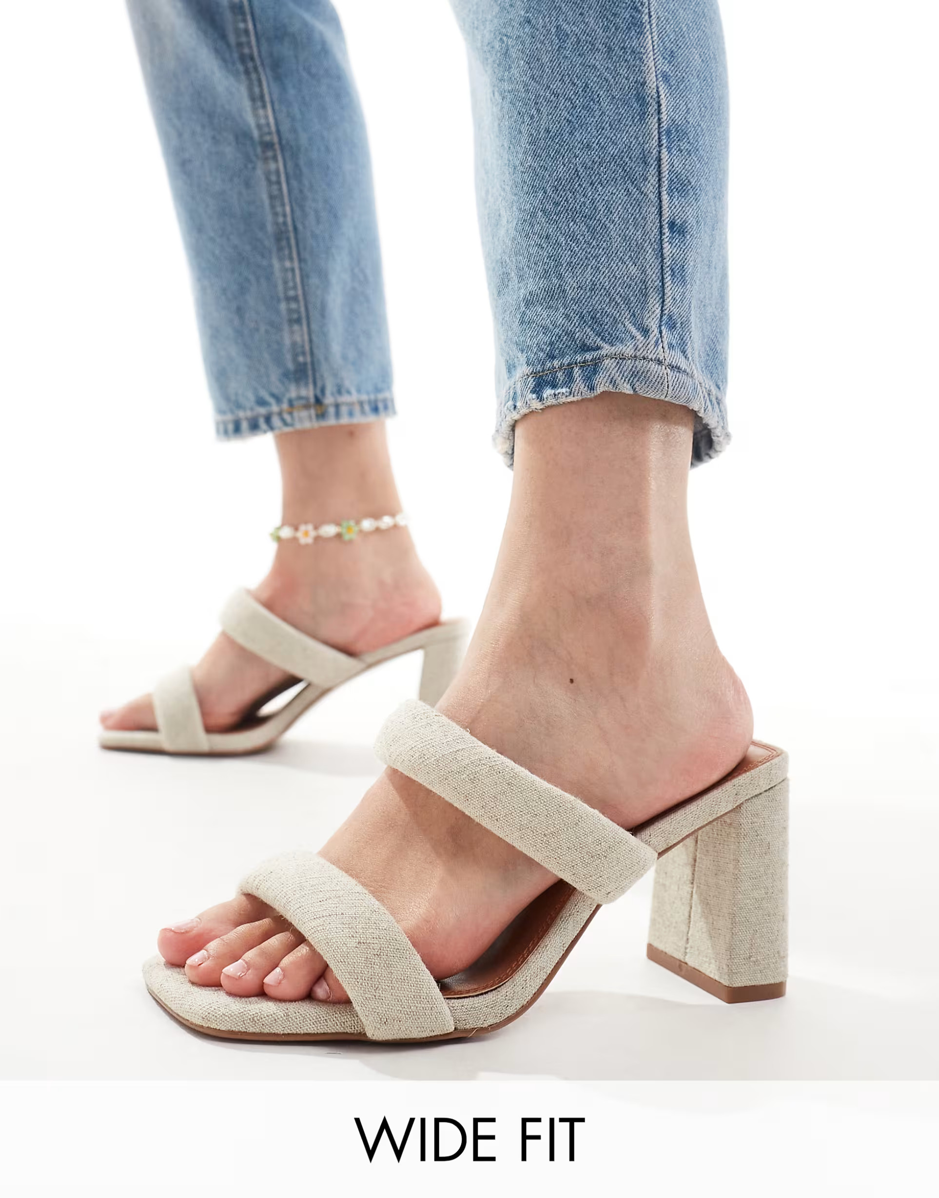 ASOS DESIGN Wide Fit Whisper padded mid block heeled mules in natural fabrication | ASOS (Global)