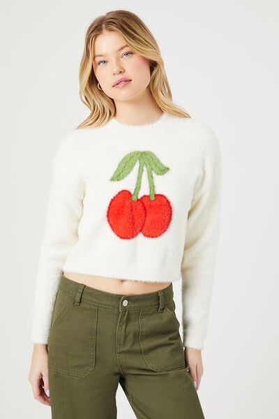 Cropped Fuzzy Knit Cherry Sweater | Forever 21 (US)