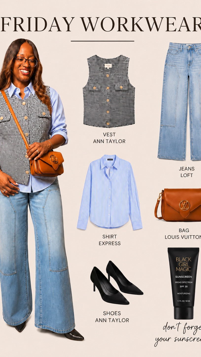 Friday Workwear 💼✨

Corporate polish with a casual Friday twist. The striped button-down and textured vest bring structure, while the wide-leg denim keeps the look relaxed and modern. Finished with classic navy pumps and a timeless LV bag by way of @Fashionphile. This is proof that workwear can be both comfortable and chic.

Outfit Details
▫️ Vest: Ann Taylor
▫️ Shirt: Express
▫️ Jeans: LOFT
▫️ Shoes: Ann Taylor
▫️ Bag: Louis Vuitton
▫️ Sunscreen: Black Girl Magic

Because showing up prepared includes protecting your skin. ☀️

#FridayWorkwear #CorporateChic #CasualFridayStyle #OfficeStyle #WorkwearInspo #Over50Style #DallasStyleBlogger #SlayTheMeeting #FashionOver50 #WideLegJeans #AnnTaylorStyle #LOFTStyle #ExpressStyle #BlackGirlMagic #LTKStyle #ShopMyLook

#LTKootd #LTKWorkwear #LTKOver40
