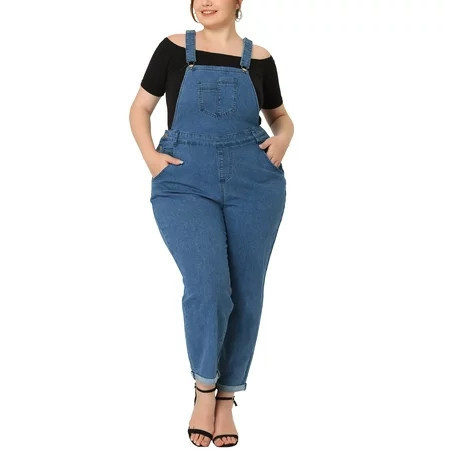 Agnes Orinda Women s Plus Size Stretch Adjustable Strap Bib Denim Summer Fashion Jumpsuits 2X Blue | Walmart (US)