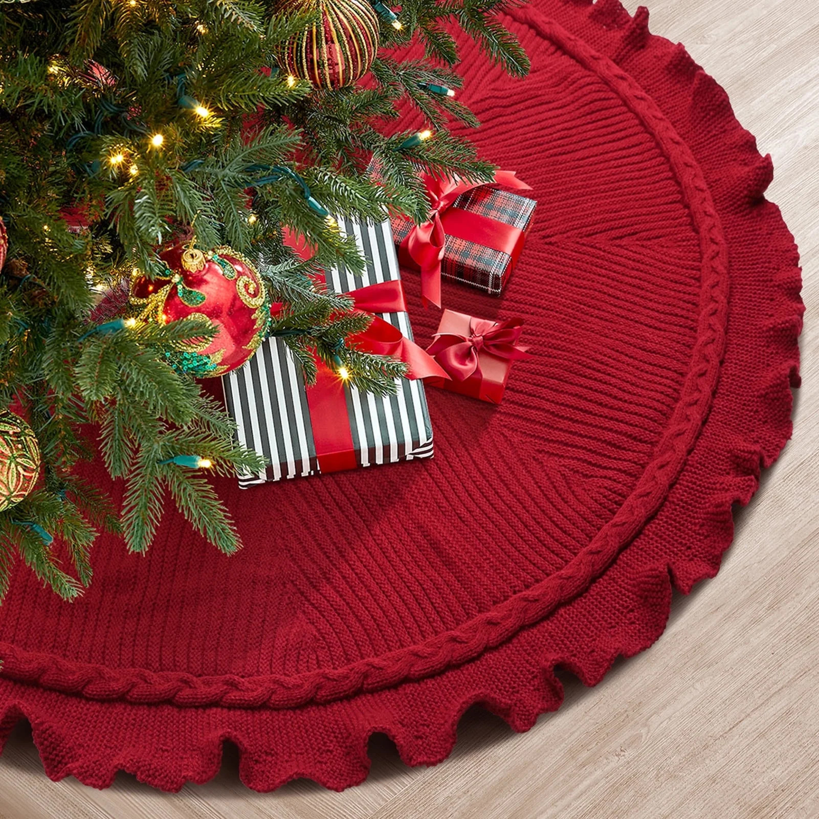 Ayieyill 48 inches Red Christmas Tree Skirt, Knitted Thick Rustic Xmas Tree Skirt Christmas Decor... | Walmart (US)