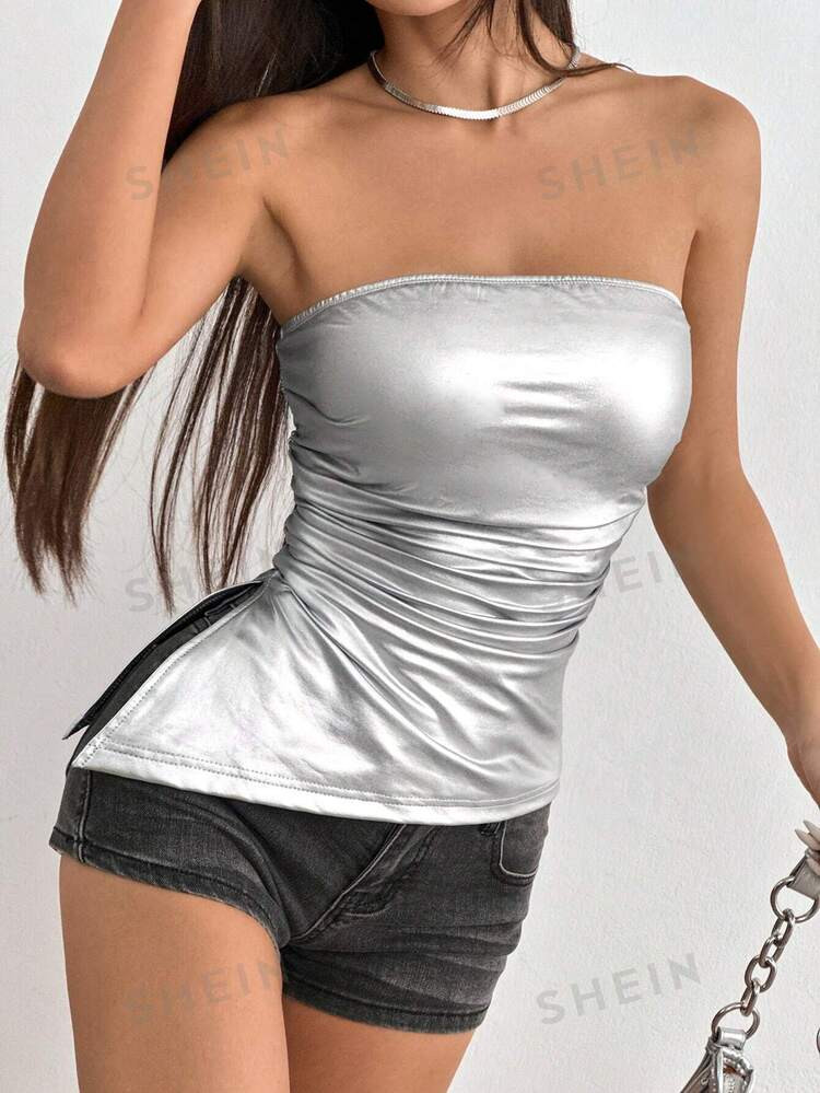 SHEIN EZwear Summer Fashionable Silver Elastic Leather Ruched Side Slit Bandeau Top | SHEIN