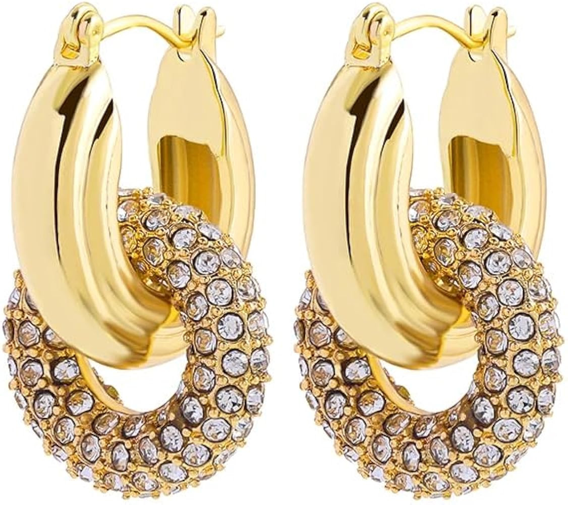 Chic Chunky Cubic Zircon Hoop Earrings, Multiple Geometric Designs, Gold-Plated Stainless Steel | Amazon (US)