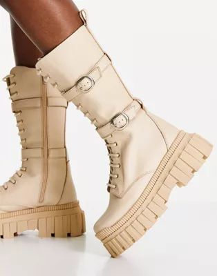ASOS DESIGN Cosmic premium leather chunky lace up knee boots in beige | ASOS | ASOS (Global)